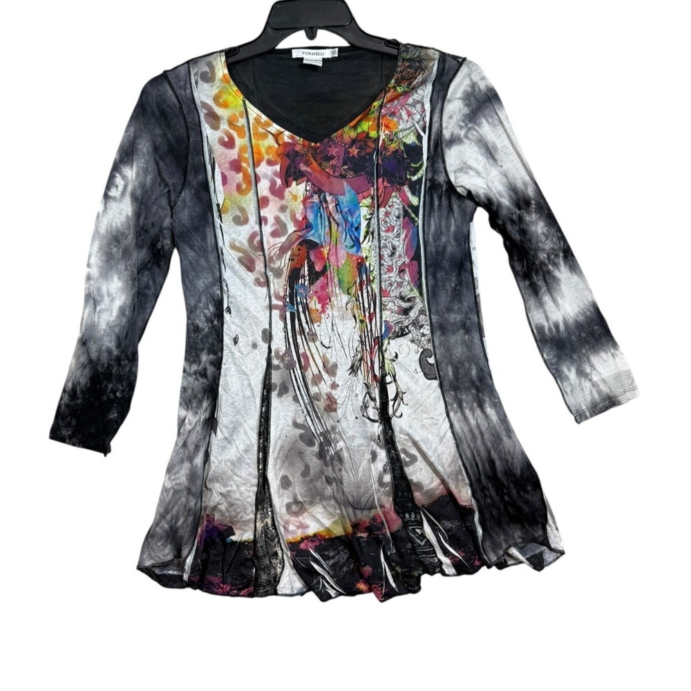 Feratelli Womens Colorful Art Black white Polyester Top Blouse Size 8